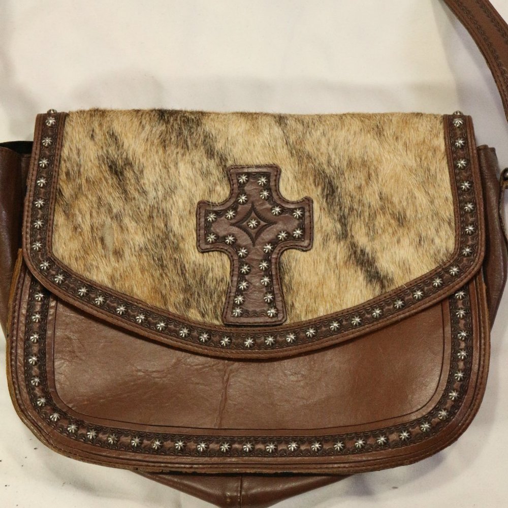 Genuine Leather Cow Hair Cross Studded Accent Shoulder Purse - Picture 2 of 12